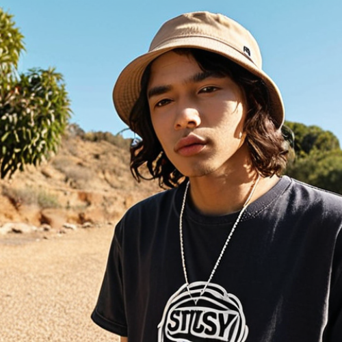 Home 4 **
A person wearing a Stussy bucket hat made of cotton, featuring the classic Stussy logo. The hat is a neutral color, styled with a casual outfit consisting of a t-shirt and jeans. The background is a bright, sunny outdoor setting.
**